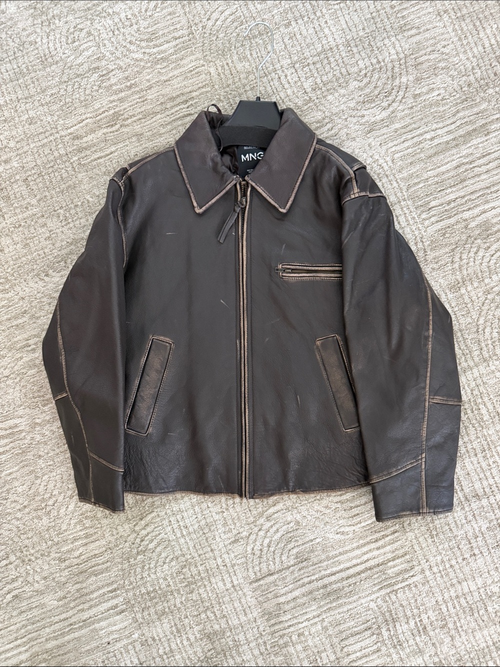 Mango Brown Leather Bomber Jacket with Contrast Stitching